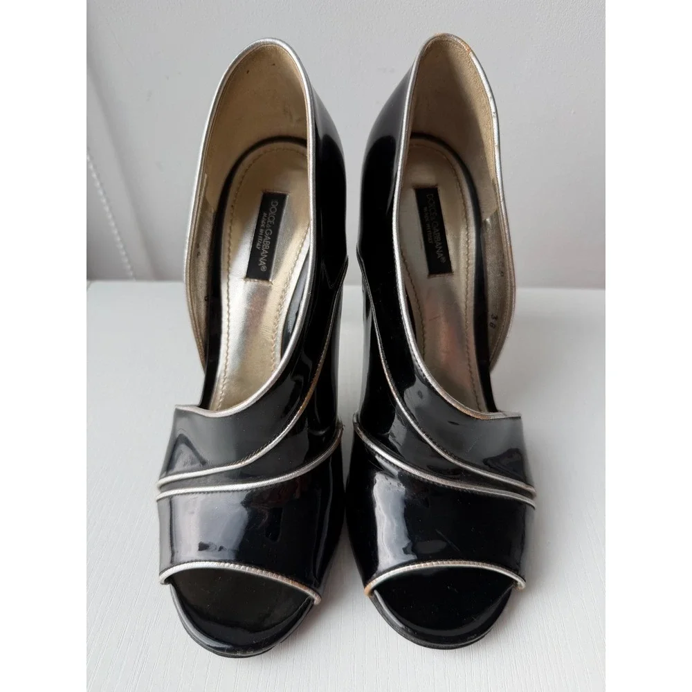 Dolce & Gabbana Patent Leather Peep Toe Heels Black Gold IT 38 Vintage US8